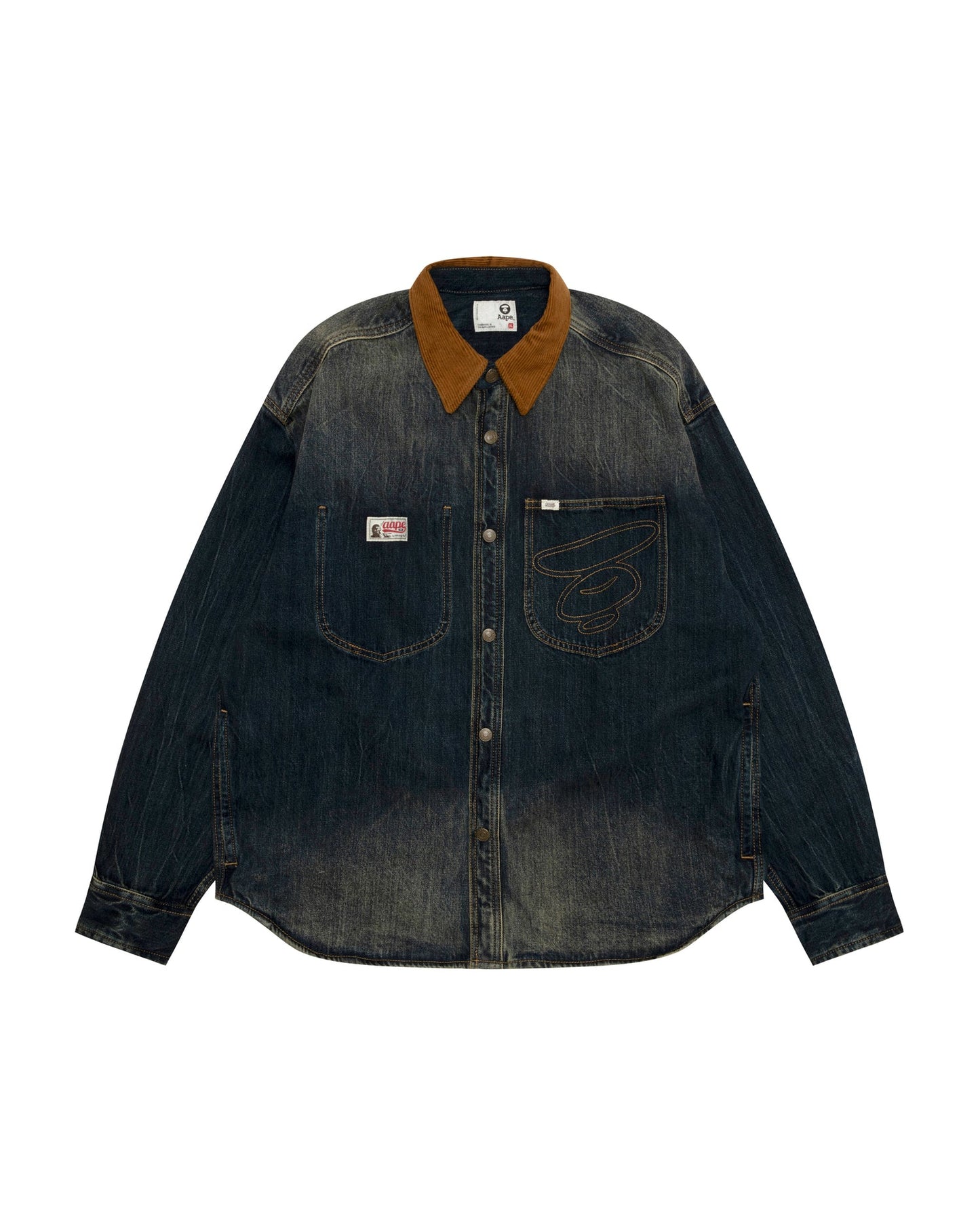 香港直郵 Aape 男裝 26秋冬複古燈芯絨領水洗做舊工裝牛仔襯衫8591 AAPSTM8591XXR