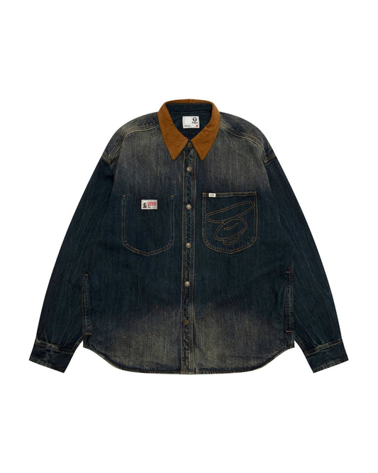 香港直郵 Aape 男裝 26秋冬複古燈芯絨領水洗做舊工裝牛仔襯衫8591 AAPSTM8591XXR