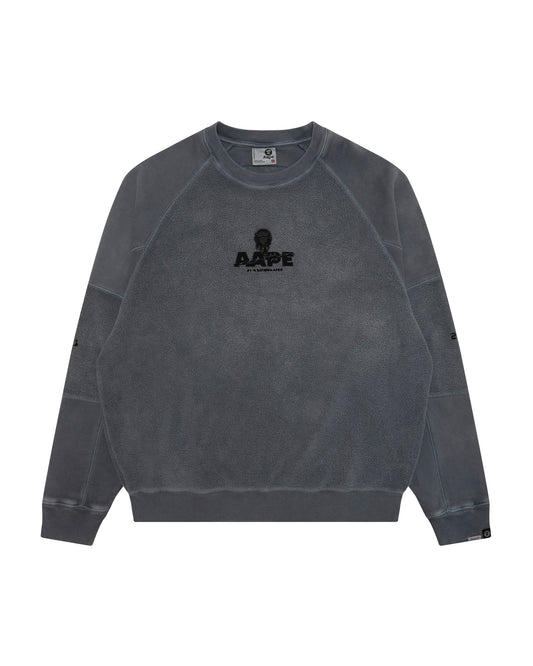 香港直郵 Aape 男裝 26秋冬牙刷繡猿人徽章酸洗水洗做舊圓領衛衣E326  AAPSWME326XXR