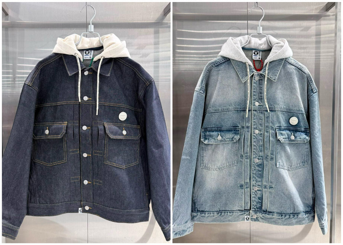 香港直郵 Aape 26秋冬 男 刺繡章可拆卸帽水洗做舊工裝牛仔夾克 7796