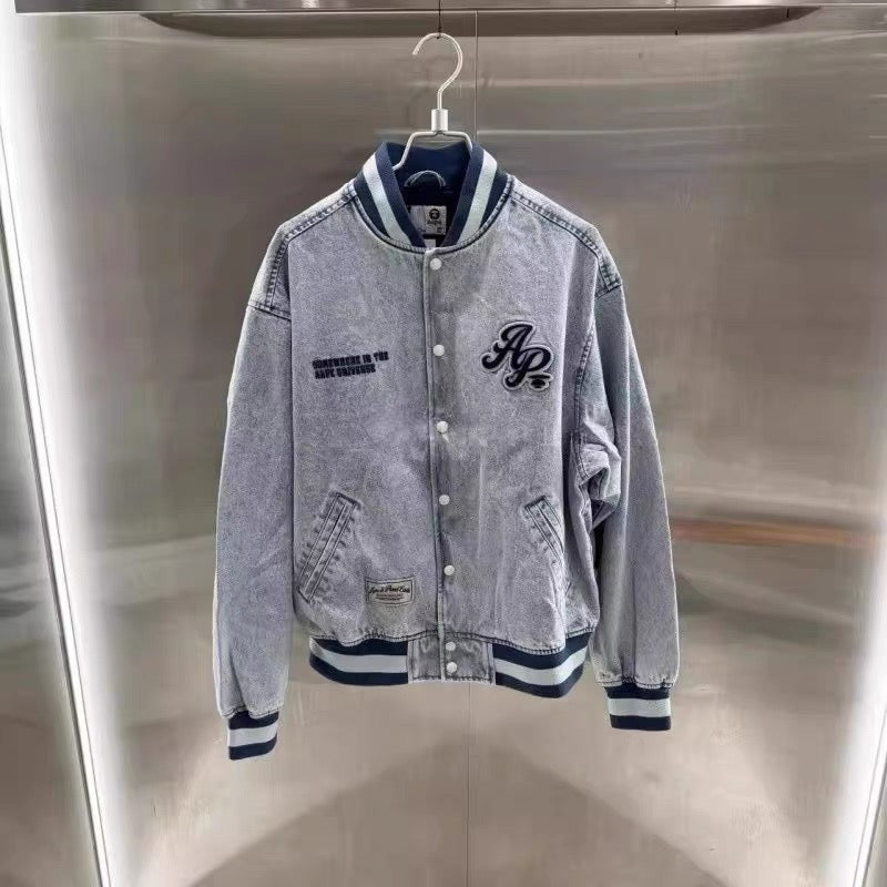 香港代購 專櫃正品 Aape 男裝 26春夏字母刺繡美式復古牛仔摁扣棒球服外套7781