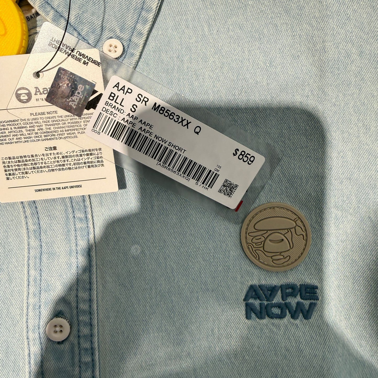 香港代購 專櫃正品 26春夏 Aape 男 AAPENOW 猿人小標徽章水洗做舊牛仔短袖襯衫8563