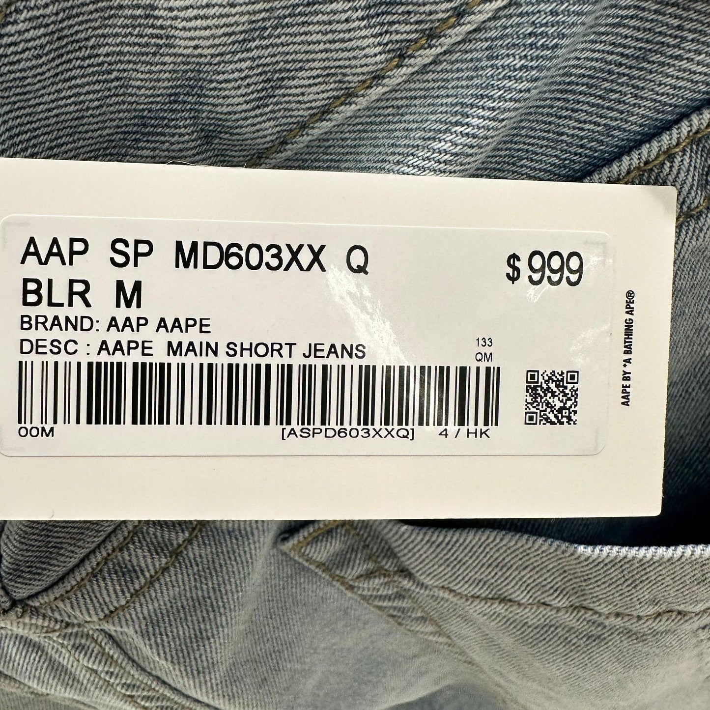 香港代購 專櫃正品 26春夏 Aape 男 刺繡徽章字母浮雕印花水洗做舊牛仔短褲 D603