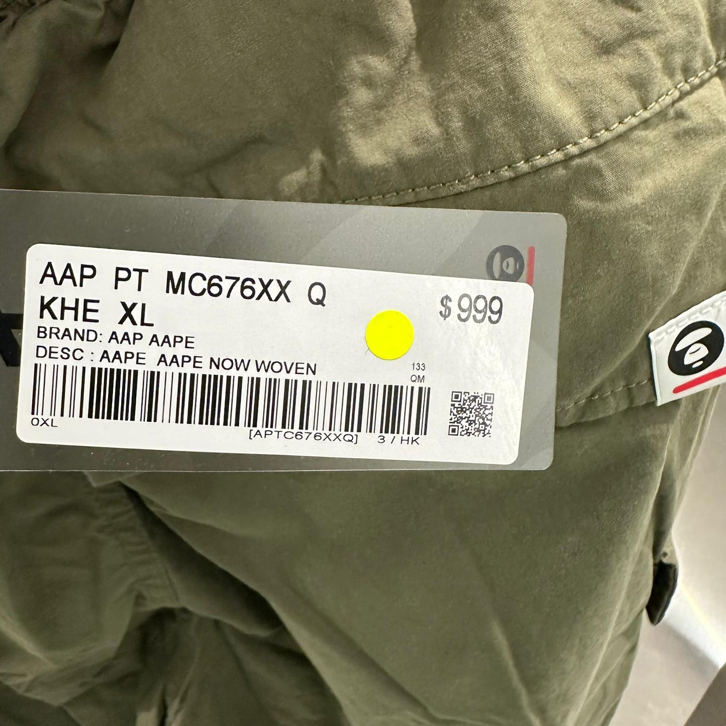 香港直郵 專櫃正品 Aape 26春夏 男 猿人小標徽章多口袋寬鬆潮流純色工裝褲C676