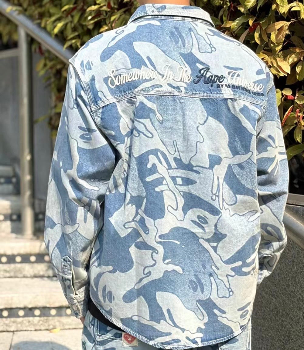 香港直郵 專櫃正品 Aape 早春新款 26春夏 字母猿人刺繡迷彩水洗牛仔長袖襯衫8564