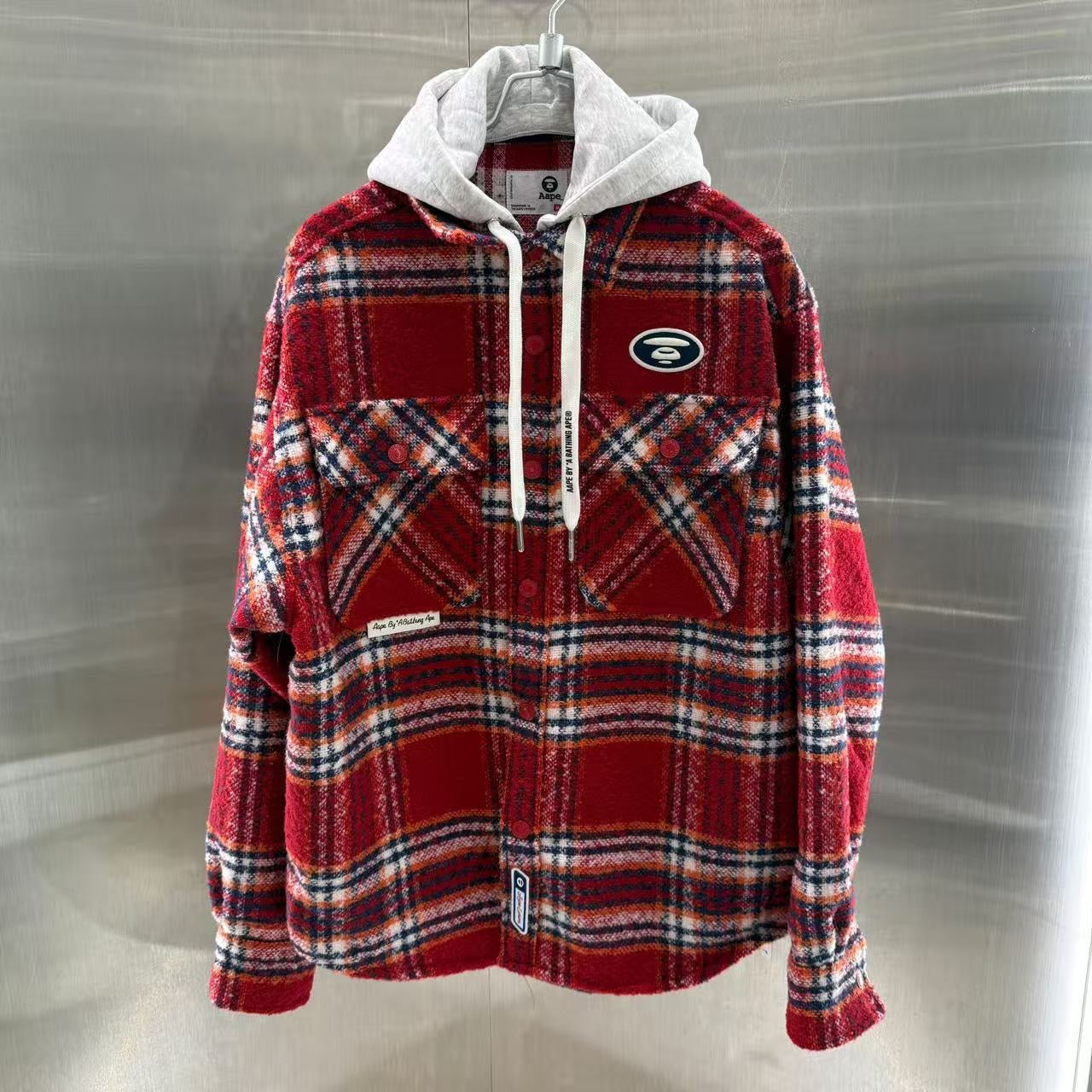 香港直郵 Aape 25秋冬 男裝 可拆卸帽格紋翻領潮流長袖襯衫外套8549