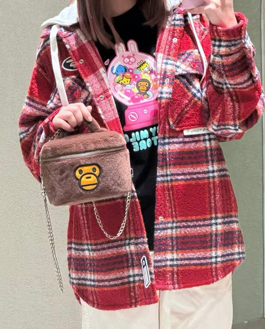 香港直郵 Aape 25秋冬 男裝 可拆卸帽格紋翻領潮流長袖襯衫外套8549