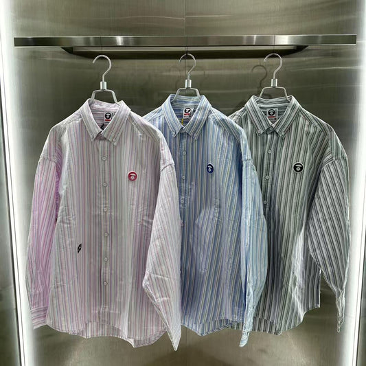 香港直郵 專櫃正品 Aape 26春夏男 猿人小標徽章簡約休閑條紋長袖襯衫8556
