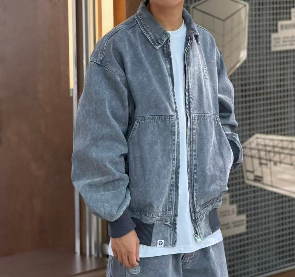 香港直郵 Aape 男裝 26秋冬復古水洗做舊翻領工裝牛仔夾克外套7795 AAPLJM7795XAR