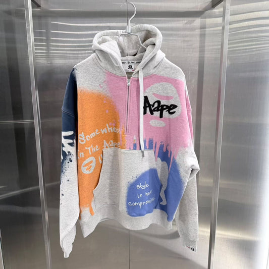 香港直郵 Aape 26秋冬 撞色噴墨猿人字母塗鴉半拉鏈連帽衛衣E330 AAPSWME330XXR