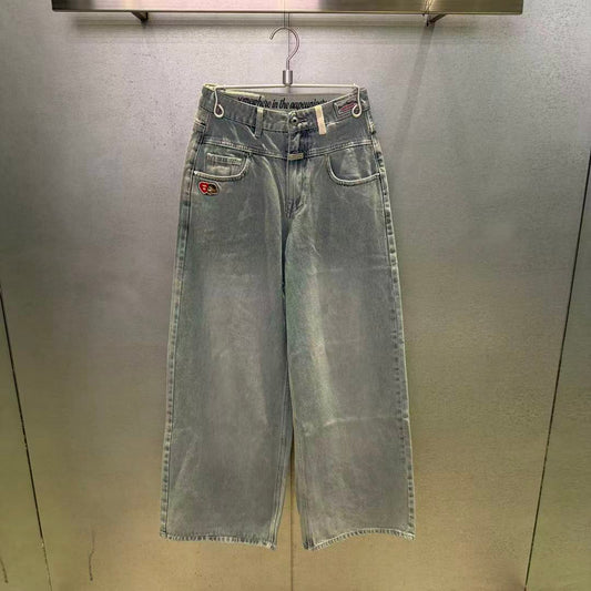 香港代購 專櫃正品 Aape 26春夏 女裝 心型猿人小熊徽章水洗闊腿牛仔長褲D619