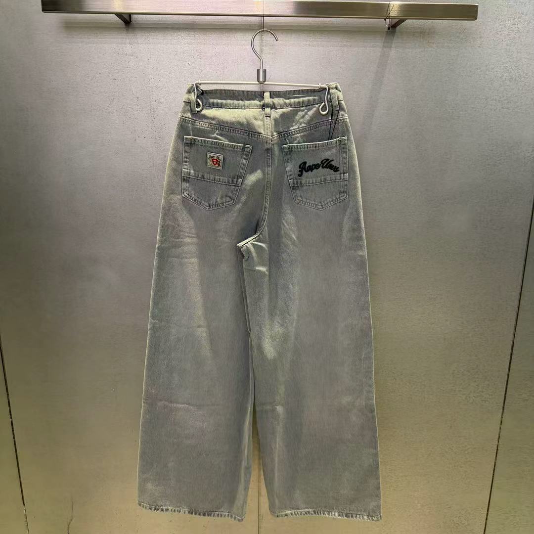 香港代購 專櫃正品 Aape 26春夏 女裝 心型猿人小熊徽章水洗闊腿牛仔長褲D619