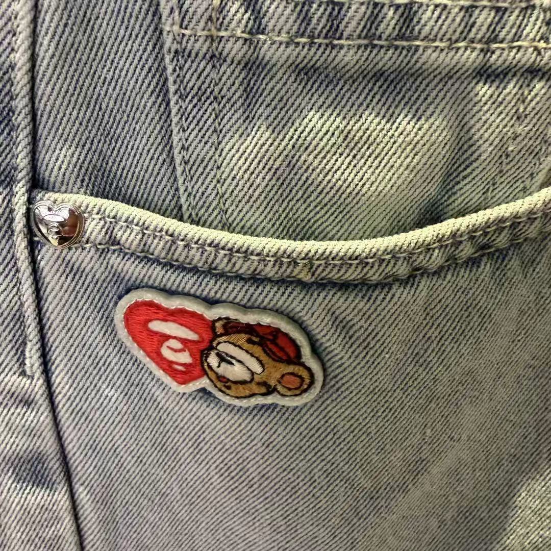 香港代購 專櫃正品 Aape 26春夏 女裝 心型猿人小熊徽章水洗闊腿牛仔長褲D619